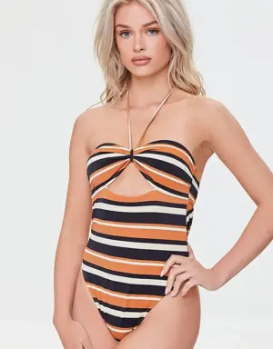 Forever 21 Striped Cutout One Piece Swimsuit Black/Multi