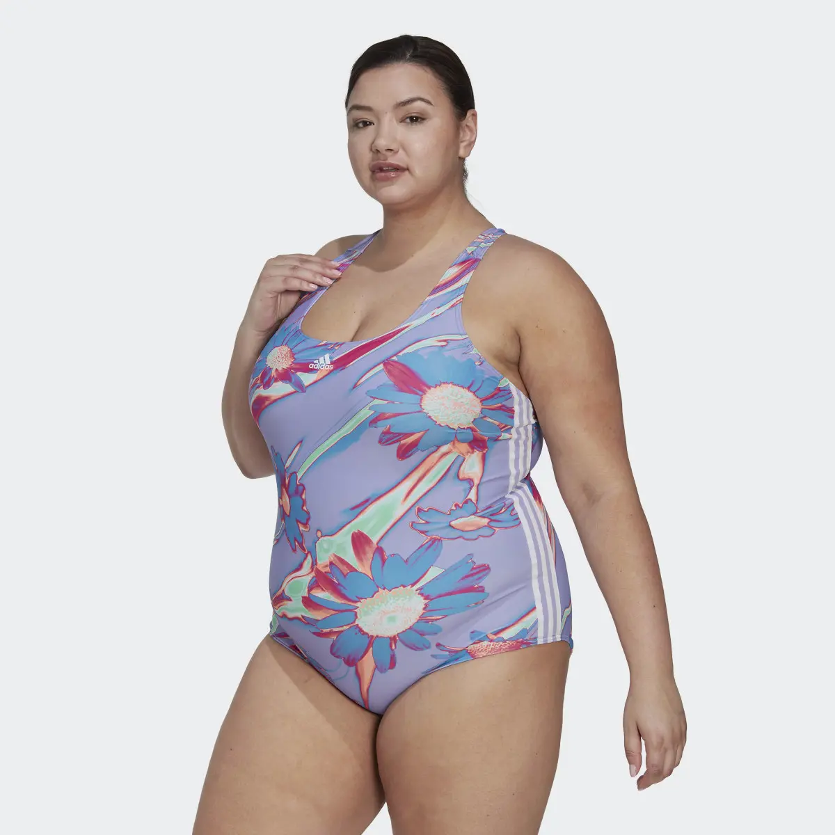 Adidas Positivisea 3-Stripes Graphic Swimsuit (Plus Size). 2