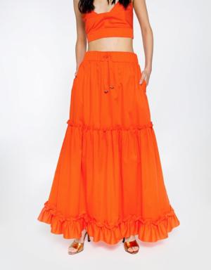 Long Orange Skirt With Ruffle Detail Lace-up Embroidered Waist Elastic