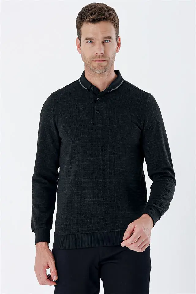 İmza Uzun Kollu Desenli Örme Polo Yaka Likralı Casual Comfort Fit Sweatshirt 1013235106. 2