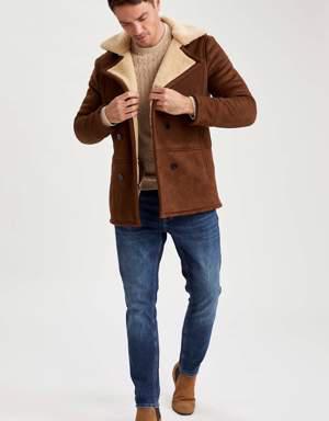 Slim Fit İçi Peluş Kürklü Süet Mont
