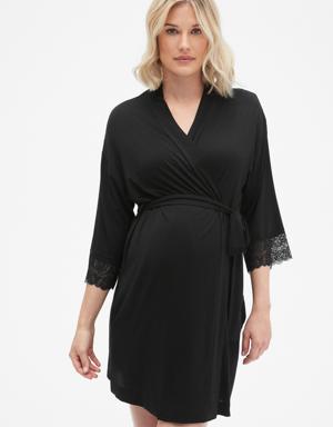 Maternity Lace Trim Robe in Modal black