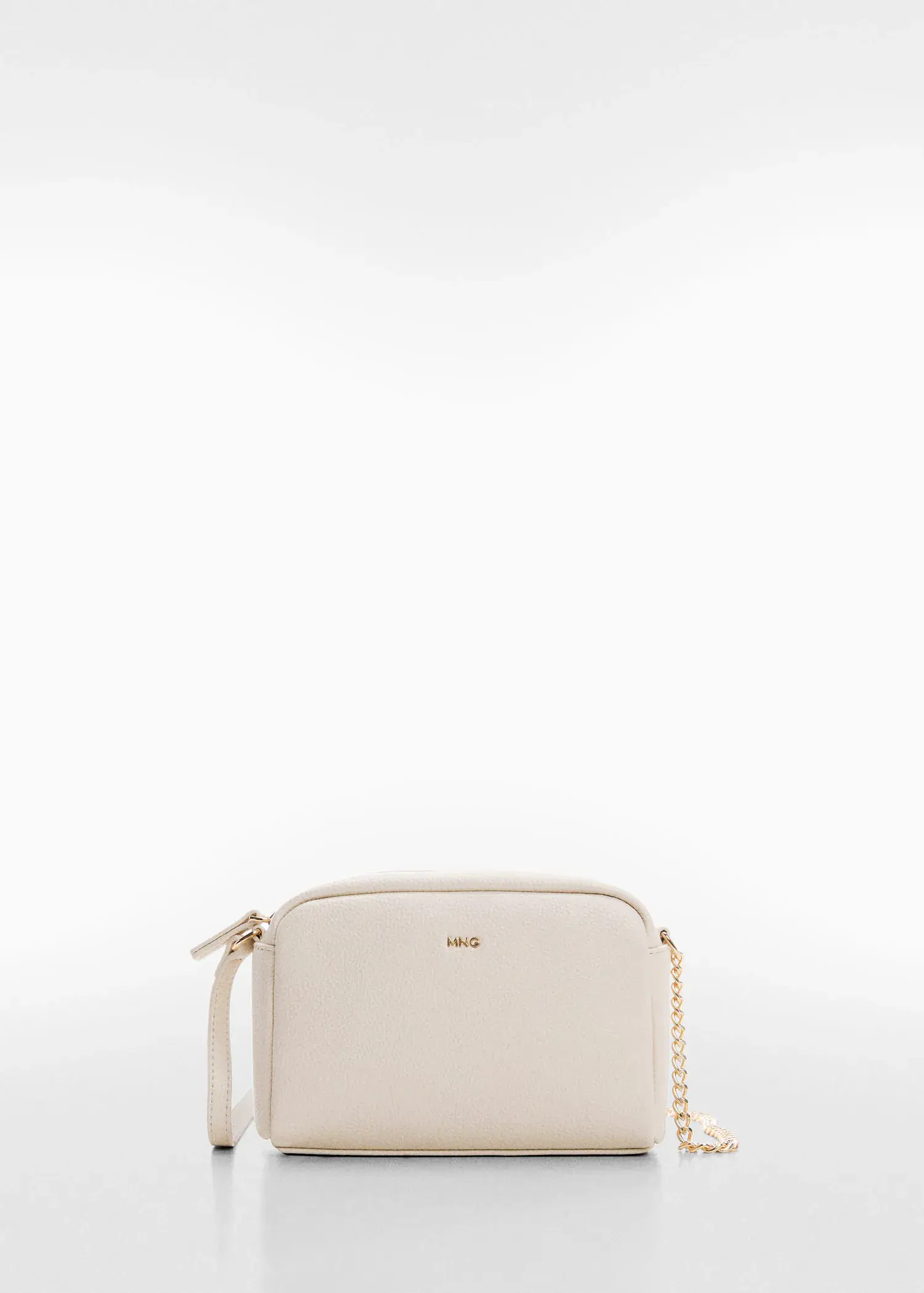 Mango Crossbody bag with chain. a white purse is shown with a chain. 