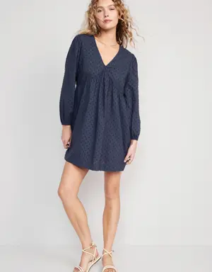 Old Navy Long-Sleeve V-Neck Clip-Dot Mini Swing Dress for Women blue