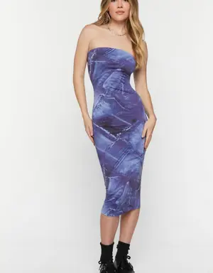 Forever 21 Denim Print Midi Tube Dress Blue/Multi