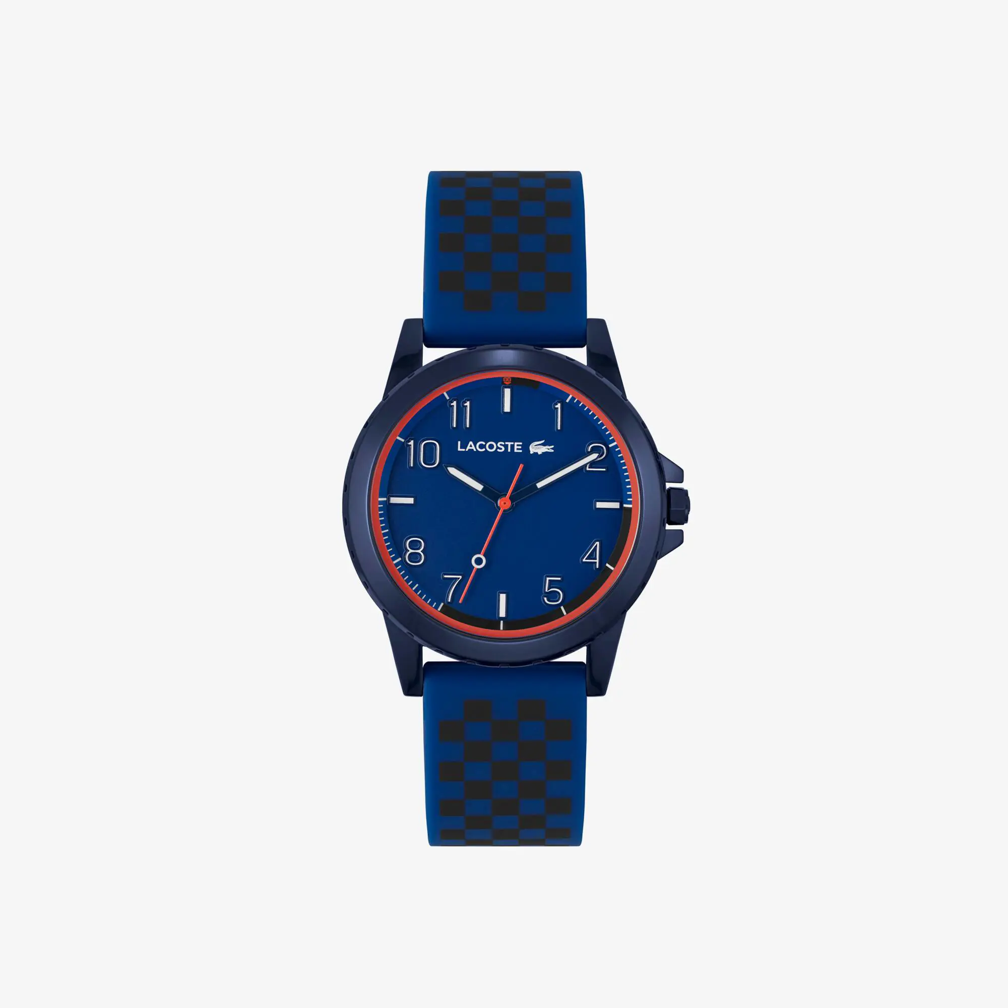 Lacoste Reloj Rider con correa de silicona con estampado azul marino y tres manecillas. 1