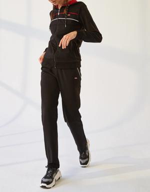 Siyah Kapüşonlu Fermuarlı Standart Kalıp Klasik Paça Kadın Eşofman Takımı - 95141