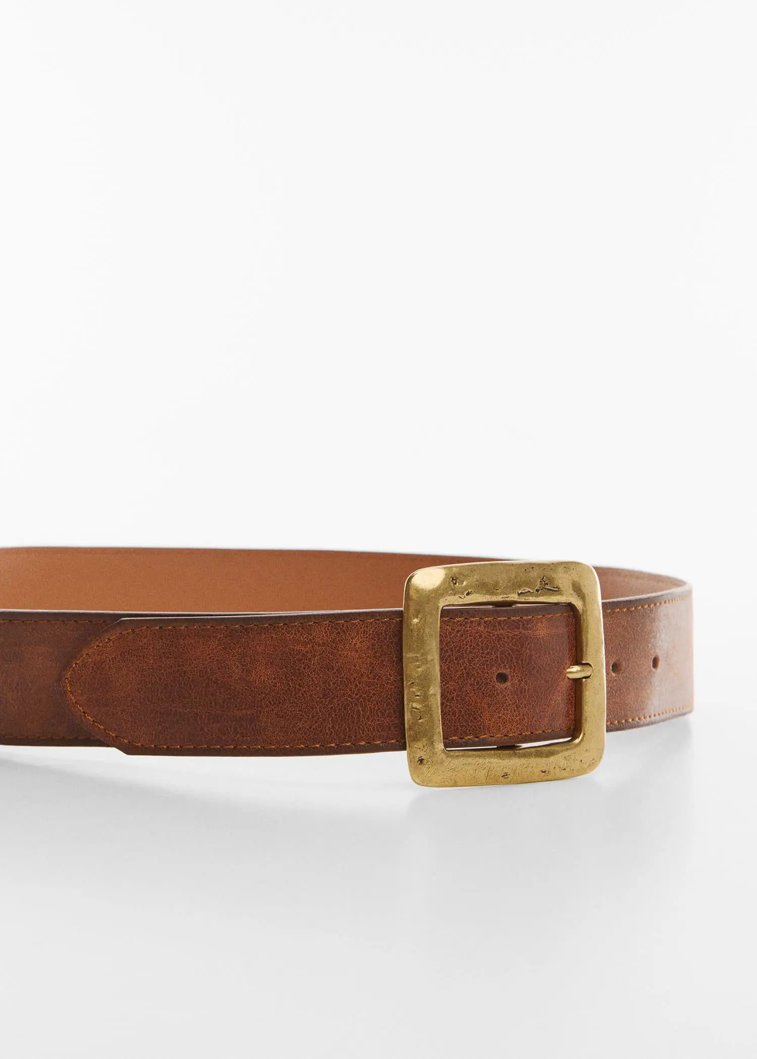 Mango Textured square buckle belt. a close up of a brown belt with a gold buckle. 