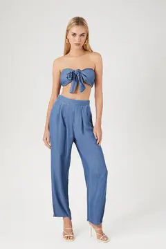 Forever 21 Forever 21 Tie Front Crop Top &amp; Pants Set Dark Denim. 2