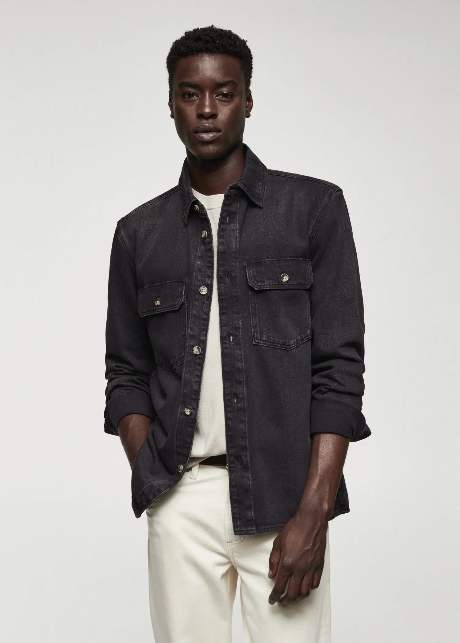 Mango Overshirt din denim de bumbac cu buzunare. 1