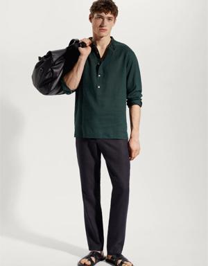 Regular-fit Mao collar linen shirt