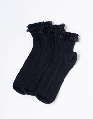 3 Pck Desenli Bayan Soket Çorap Siyah/Siyah/Siyah