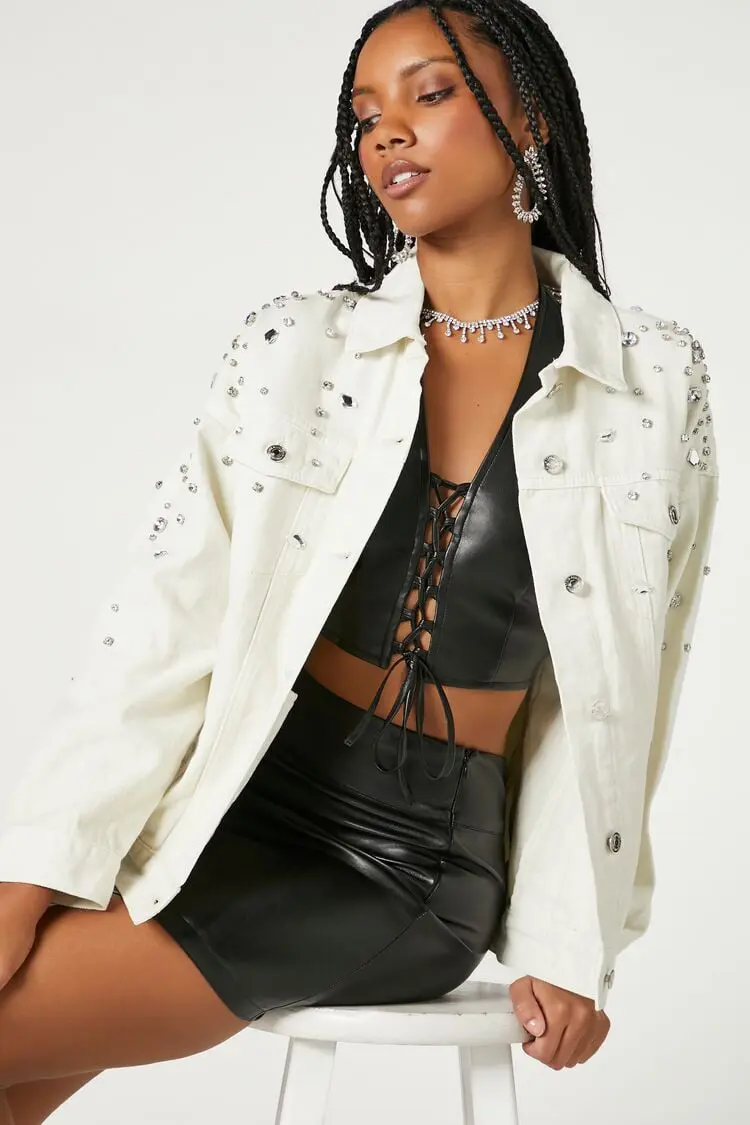 Forever 21 Forever 21 Rhinestone &amp; Faux Gem Trucker Jacket Ivory. 1