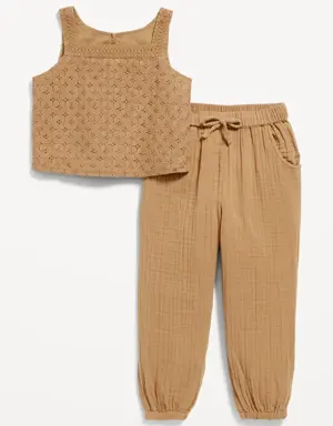 Sleeveless Crochet-Knit Top & Jogger Pants Set for Toddler Girls brown