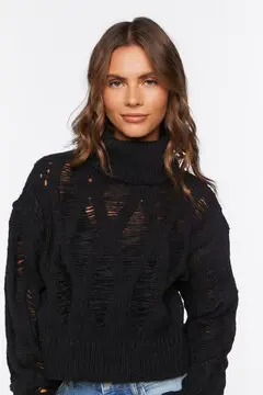 Forever 21 Forever 21 Distressed Turtleneck Sweater Black. 2