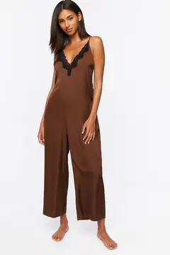 Forever 21 Forever 21 Satin Lace Trim Lounge Jumpsuit Brown/Black. 2