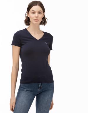 Kadın Slim Fit V Yaka Lacivert T-Shirt