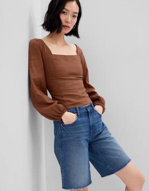 Linen-Blend Puff Sleeve Top brown