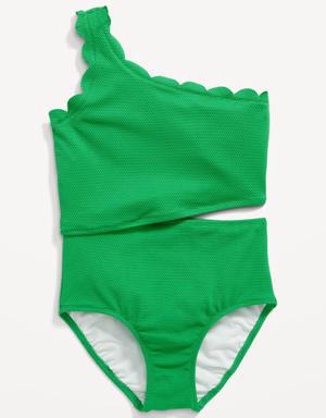 Scallop-Trim One-Shoulder One-Piece Swimsuit for Girls green