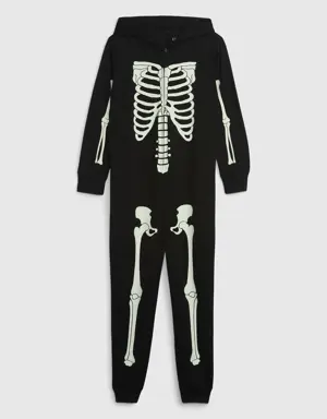 Kids 100% Recycled Glow-in-the-Dark Skeleton PJ One-Piece black