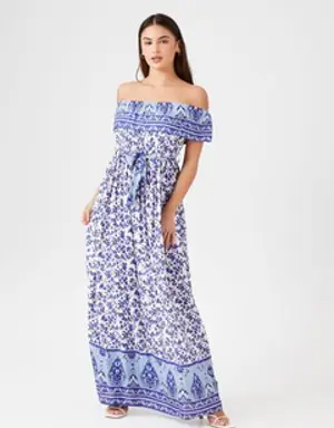 Forever 21 Belted Off the Shoulder Maxi Dress Blue/Multi