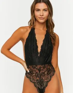 Forever 21 Plunging Open Back Lace Teddy Black