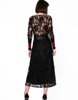 Sleeve Knitwear Detailed Wide Collar Lace Black Blouse
