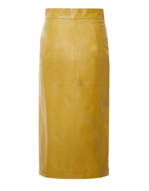Yellow Leather Midi Length Skirt With Front Middle Zipper