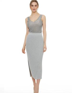 Metallic Silver Knit Knitwear Ankle Length Plain Skirt