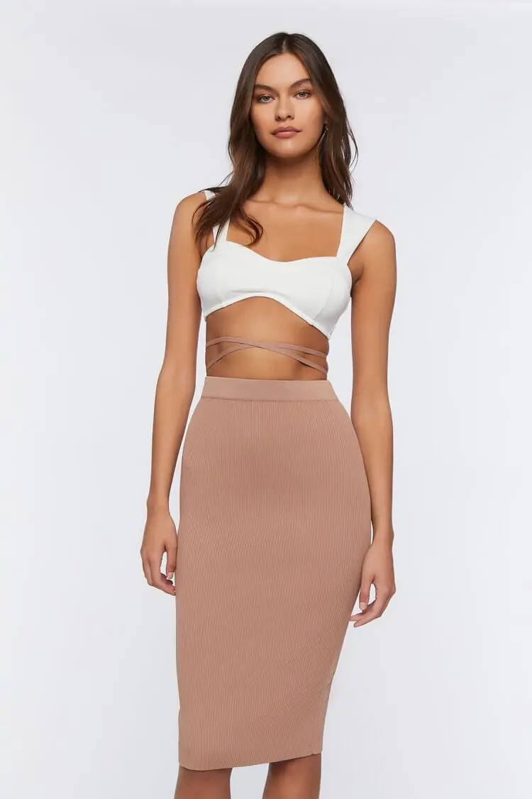 Forever 21 Forever 21 Crisscross Wraparound Midi Skirt Brown. 1