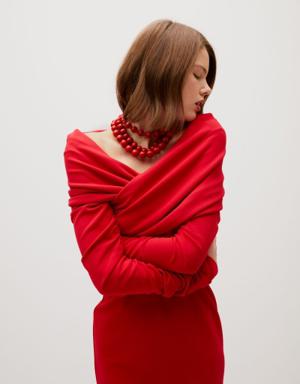 Asymmetrical Collar Detailed Slim Fit Red Dress