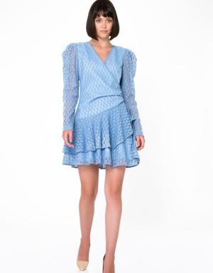 Long Pleated Sleeves Ruffle Mini Lace Blue Dress