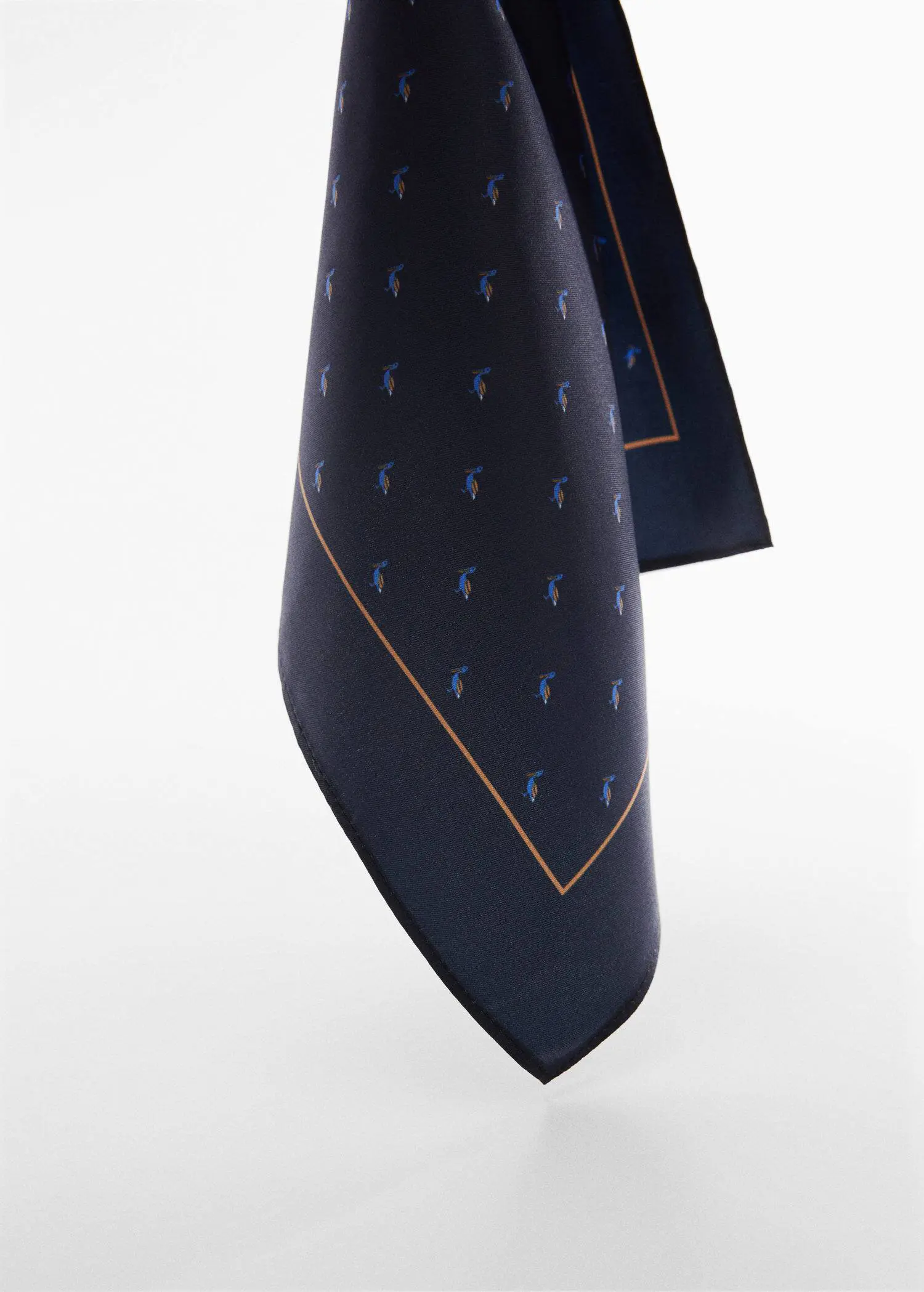 Mango Printed pocket square. a close-up of a neck tie on a white background. 