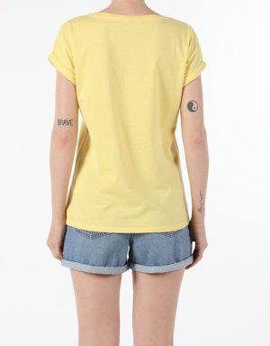 Regular Fit Bisiklet Yaka Örme Kadın Sarı Yarasa Tişört