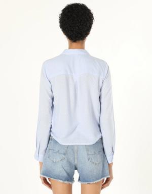 Slim Fit Shirt Neck Mavi Kadın Uzun Kol Gömlek