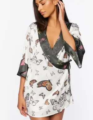 Forever 21 Satin Butterfly Print Robe White/Multi