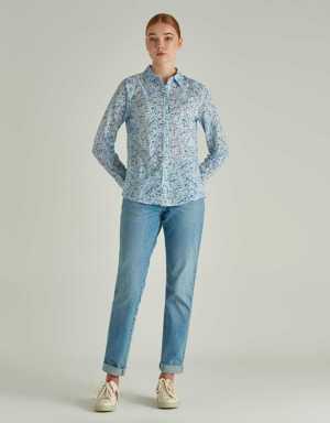 Kadın Mavi Çiçekli Desenli Koton Gömlek