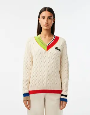 Sweater de decote em bico com malha de cabo Lacoste Color Twist para Mulher
