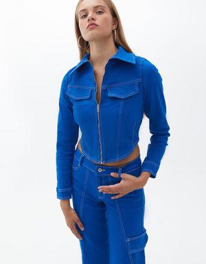 Mavi Dikiş Detaylı Crop Ceket