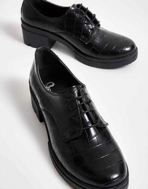 Siyah Kroko Kadın Oxford Ayakkabı M0538011011