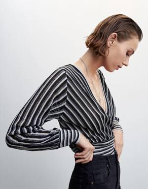 Striped sweater with crossover neckline