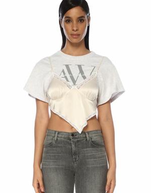 Gri Logolu Saten Büstiyer Detaylı Crop T-shirt