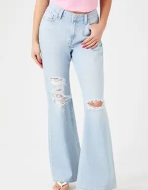 Forever 21 Distressed Flare Jeans Light Denim