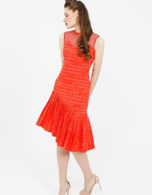 Red Midi Dress With Pleated Fit Cut Lettering Pattern With Fishnet Collar Detail