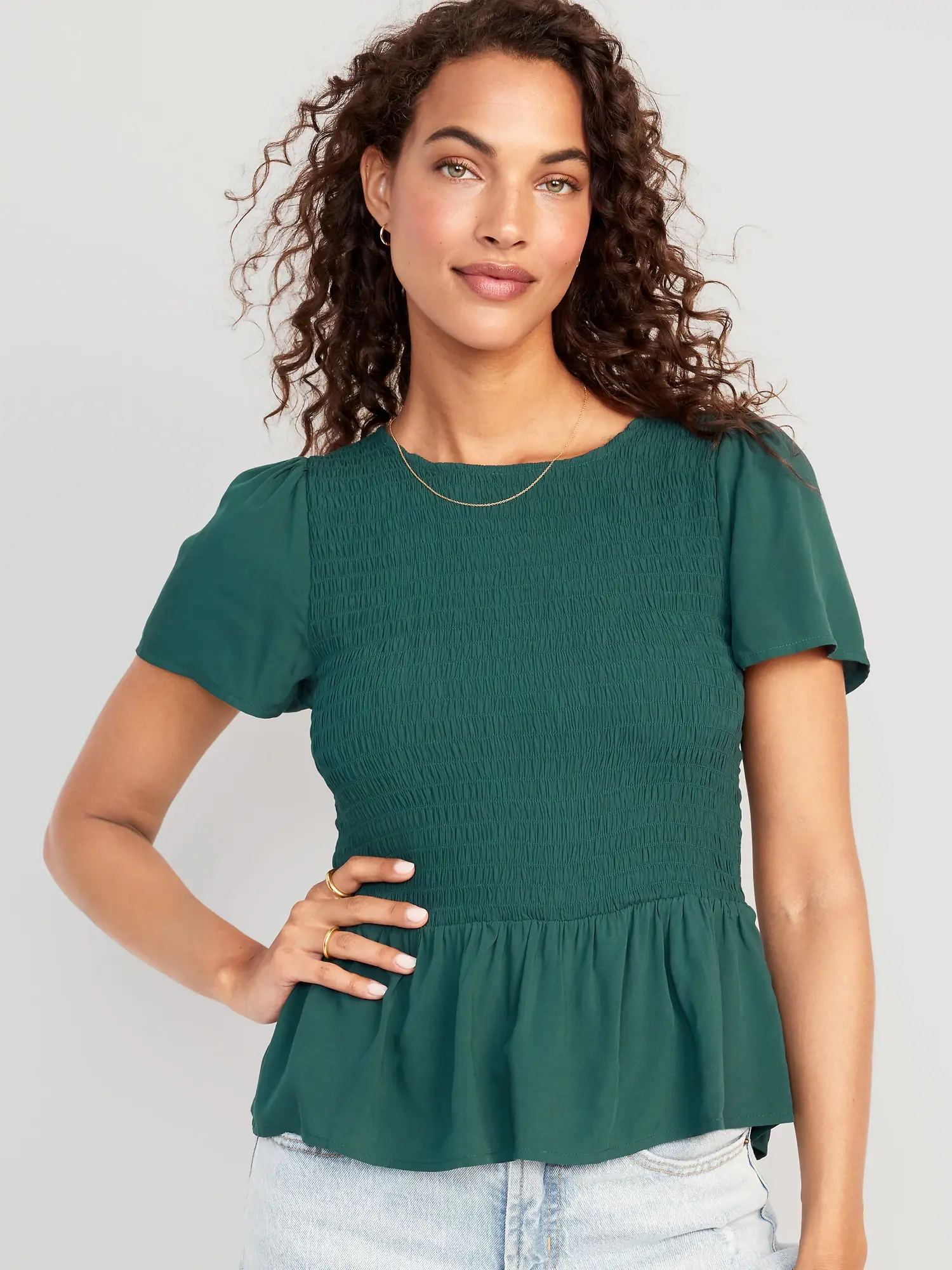 Old Navy Flutter-Sleeve Smocked Peplum Blouse for Women green. 1