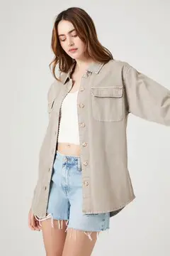 Forever 21 Forever 21 Twill Button Up Shacket Taupe. 2