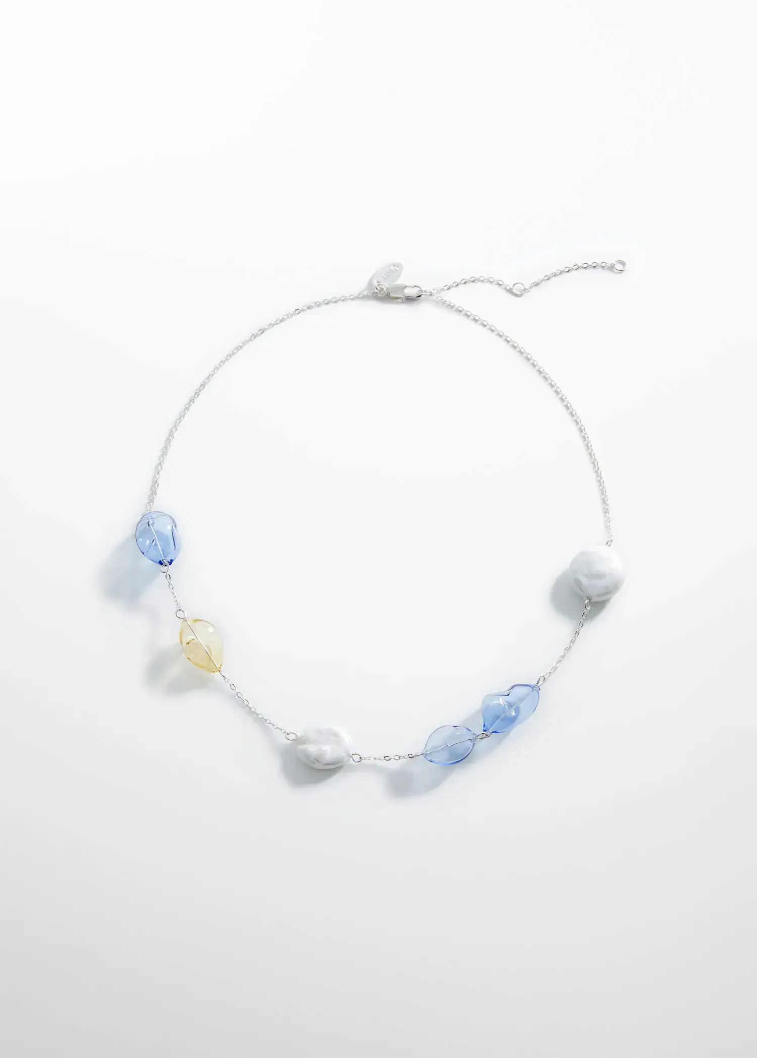 Mango Crystal bead necklace. a necklace with blue and yellow beads on it. 