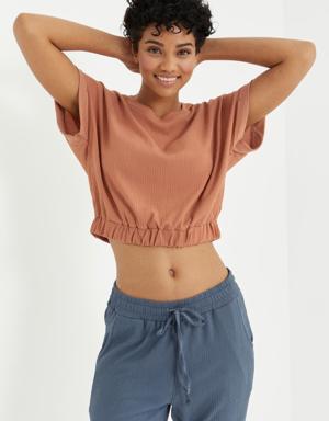 Tarçın Basic O Yaka Beli Lastikli Bürümcük Kumaş Kadın Crop Top T-Shirt - 97227