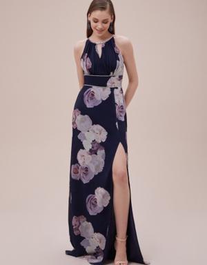 Lacivert Çiçek Desenli Halter Yaka Şifon Uzun Elbise