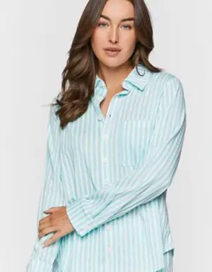 Forever 21 Striped Long Sleeve Pajama Shirt Powder Blue/White